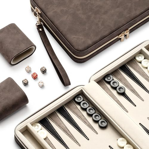 Lingle Backgammon Sets for Adults, Classic Board Game with Folding Faux Leather Backgammon Case, Portable Travel Backgammon Game Set (Brown)