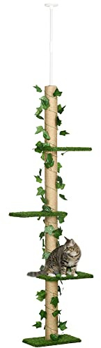 PawHut Kratzbaum Deckenhoch 202-242 cm Höhenverstellbar Katzenturm mit 4 Ebenen, 2 Höhlen, 4 Plattformen, Jute-Säule Katzenkratzbaum für mittelgroße Katzen, Grün+Gelb