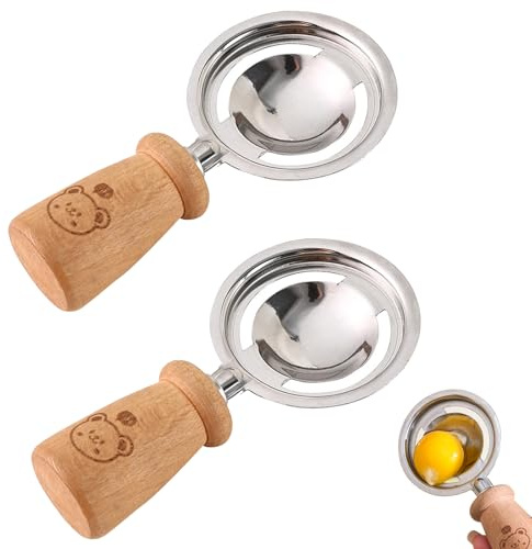 2-Pack Egg Yolk & White Separator, Stainless Steel Egg Separator with 2-Hole Design and Wooden Handle, Quick and Easy Egg Cracker for Kitchen Cooking