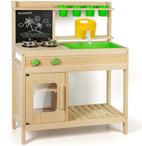 Cuisine extérieure Enfant en Bois - Jouet d’Imitation avec Robinet Fonctionnel, évier Vert, Double Plaque de Cuisson, Tableau Noir et Accessoires - Idéal pour Jardin ou terrasse