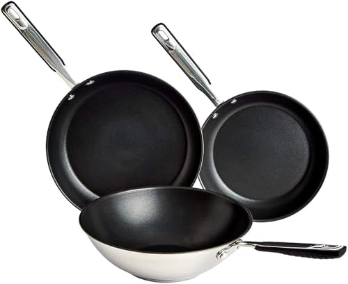 Amazon Basics - Set da 3 pezzi in ceramica antiaderente in acciaio inossidabile, 24cm, padella 28cm, wok da 28cm