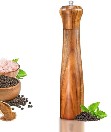 1PC-10 Inch Tall Acacia Wood Pepper Grinder or Salt Mill Elegant Pepper Mill Wooden with a Adjustable Ceramic Rotor and Easily Refillable - Wood Salt Grinder for Your Kitchen (Light Brown-10inch+1PC)