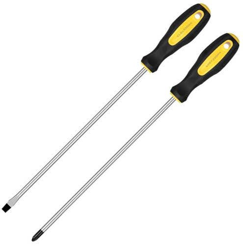 Fixinus Juego de 2 destornilladores Phillips y planos de 12 pulgadas, cabeza cruzada larga y diseño de hoja ranurada, destornillador extendido magnético de punta de 6 mm