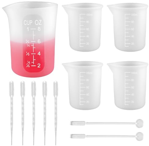 5 Piezas Tazas Medidoras de Silicona, 250 y 100 ml Vasos Medidores Antiadherentes, Vasos Medidores de Silicona con Cuentagotasl, Vaso Silicone Resina Epoxi con Escala para Resina para Manualidades