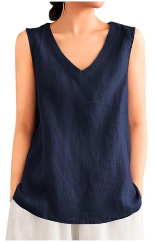 Summer Linen Vest Top for Women UK Casual V Neck Tank Tops Cotton Linen Vests Comfy Solid Sleeveless Tees Shirts Ladies Blouses Plain Basic T-Shirts Boho Beach Tank Top