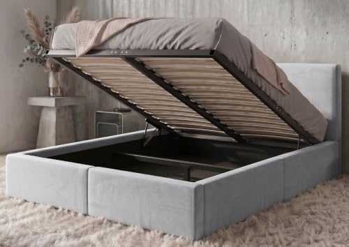 Polsterbett 140x200 cm mit Bettkasten und Lattenrost – Stauraumbett Doppelbett in Aschgrau Pflegeleichter Samtbezug Gepolstertes Bettgestell belastbar bis 300 kg ohne Matratze (Aschgrau, 140x200cm)