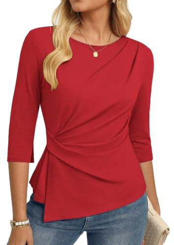 GRACE KARIN Women's 3/4 Sleeve Tops Asymmetrical Shirts Business Blouses | 2026 Trendy Casual, Sleeve with Split, Wrap, Ruched, U Boat Collar, Slim Fit, Business Office Wear, Smart Casual