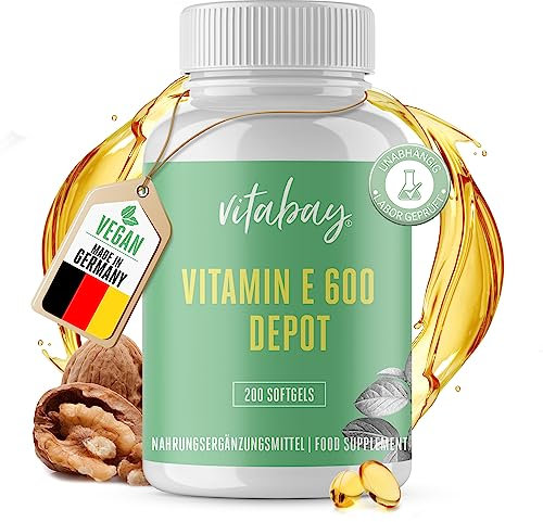 Vitabay Vitamina E 600 UI (400 mg) – 200 Capsule Molli Vegane a Rilascio Prolungato – D-Alfa Tocoferolo da Olio di Semi di Soia (80%) – Testato in Laboratorio in Germania
