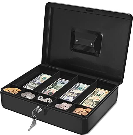 Flexzion Cash Box with Money Tray and Lock - Metal Cash Box for Small Businesses, 9-Compartment Black Money Box with Removable Tray and Key, Portable Storage for Checks and Coins