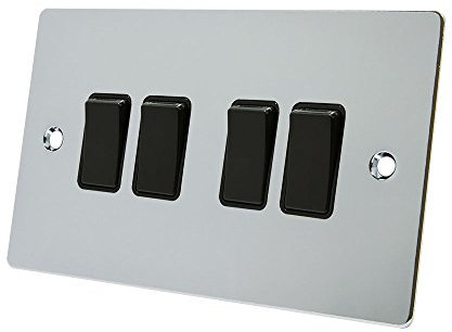 Alliance Electrical FPC4GSWIBL Polished Chrome Flat Black Insert Plastic Rocker Switches-10 Amp Quad 4-Gang 2 Way Light Switch, 240 V