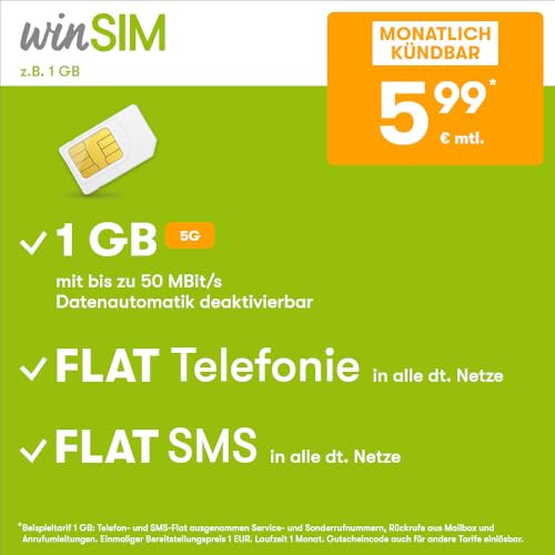 winSIM Handytarif z.B. Allnet Flat 1 GB – (Flat Internet 5G 1 GB, Flat Telefonie, Flat SMS und Flat EU-Ausland, 5,99 Euro/Monat, monatlich kündbar) oder andere Tarife