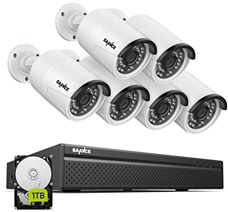 SANNCE Überwachungskamera Set PoE Kamera Set 4K 8CH NVR Recorder Videoüberwachung und 6 * 3MP Aussen Kamera mit 1TB Festplatte IP66 Wasserdicht, Personenerkennung, unterstützt Amazon Alexa