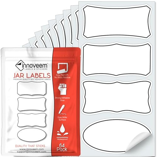 Jar Labels 64 Pack Waterproof, Removable, Self Adhesive - Easy Peel Off, Blank Sticky Storage Labels for Jars, Jam, Chutney, Bottle Tags, Reusable Food Container & Kitchen Stickers by Innoveem
