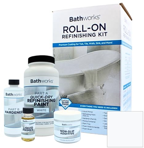 Bathworks DIY Quick Dry White Bathtub & Tile Refinishing Kit w/Non-Slip Protection; 22 oz; Fast 12 Hour Dry time; Tub; Tile; Wall Surround; Sink; High Gloss Resin Finish (White)