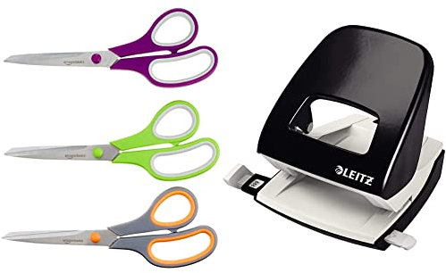 Amazon Basics Schere mit weichem Griff, 20 cm, Titan-Scherenblätter, 3 Stück & Leitz Büro Locher aus Metall, Für 30 Blatt, Anschlagschiene mit Formatangaben, Ergonomisches Design, schwarz, 50080095