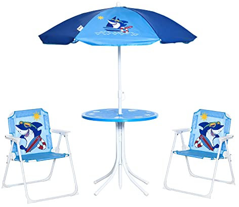Outsunny 4 TLG. Kindersitzgruppe Garten Gartentisch 2 Klappstühle Sonnenschirm Camping Kindersitzgarnitur Gartenmöbel für 3-6 Jahre Blau