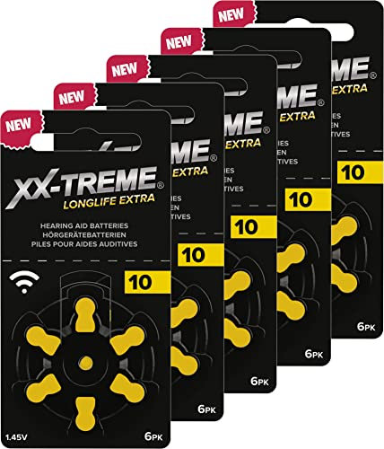 XX-Treme Longlife Extra Hearing Aid Batteries Type 10-30 Pieces Hearing Aid Batteries Designed for Highest Performance,Pack of 5 Blisters of 6 Hearing Aid Batteries,PR70 Colour Code Yellow 1.45 Volt
