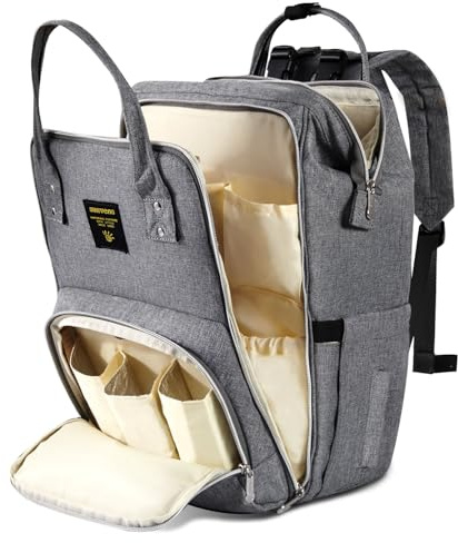 SUNVENO Baby-Wickeltaschen-Rucksack, große Kapazität, Reiserucksack mit tragbarer Wickelunterlage für Mütter und Väter, grau, L