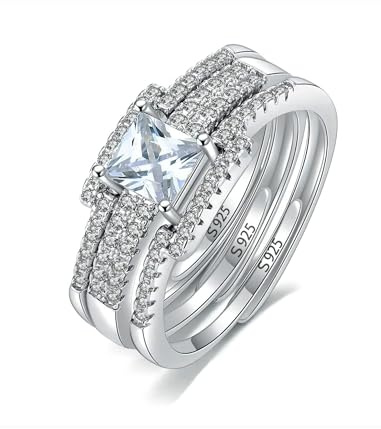 BORUO Women's 925 Sterling Silver Cubic Zirconia Rings Sets Adjustable Engagement Rign for Women,Girls
