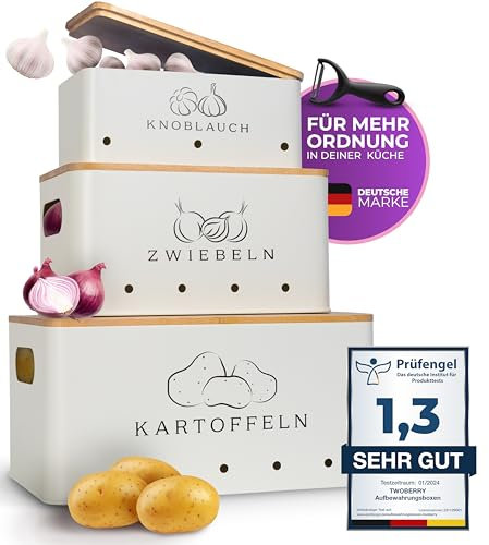 TWOBERRY Lot de 3 boîtes de rangement pour pommes de terre avec éplucheur - Durée de vie plus longue grâce à la circulation de l'air - Rangement idéal pour les oignons, les pommes de terre et l'ail -