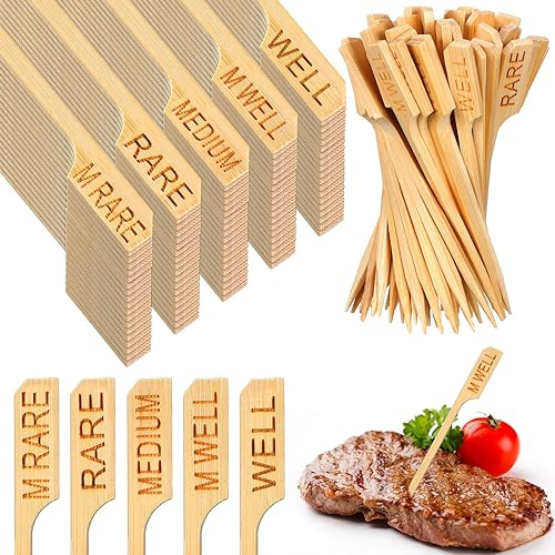 Soaoo 1000 palillos de temperatura de madera de bambú surtidos de 3.5 pulgadas, varillas de temperatura de carne, marcadores de carne de ternera, palitos de pala de bambú para barbacoa, fiesta, cóctel