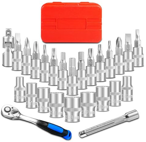 Set di chiavi a bussola metriche da 1/4 (5-13 mm) con chiave a cricchetto a 90 denti e set di chiavi a bussola, asta di prolunga, giunto universale, scatola di immagazzinaggio portatile, acciaio CR-V
