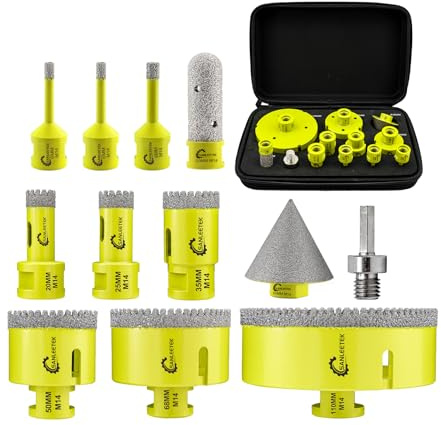 SANLEETEK Juego Brocas Diamante 12piezas - (6/6/8/20/25/35/50/68/110mm+20mmBroca Fresado+50mmBroca Chaflán+Adaptador) Dentado Sierra Perforadora Diamante Cerámica Porcelánico Mármol Granito M14 Rosca