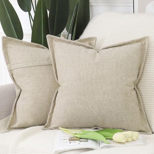 Madizz Juego de 2 Suave Lino poliéster Decorativo Funda de cojíns con Borde Ancho Lujo Estilo Fundas de Almohada para el sofá Dormitorio Beige Cuadrado 45 x 45 cm