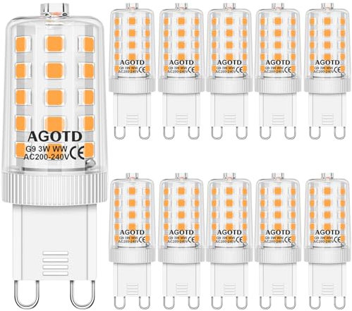 AGOTD G9 LED Lampe warmweiß 3000K, LED Leuchtmittel 3W entspricht 30W 40W Halogenlampe, Enegiesparende G9 Glühbirne kein Flackern, nicht dimmbar, 10er Set