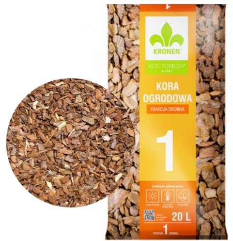 KRONEN MOC PODŁOŻA Pinienrinde - 8-20 mm - 20L - dekorativer Bodenbelag - Gartenrinde - Feine Zierrinde - naturbelassen - Pinienmulch - Rindenmulch - ideal für kleine Pflanzen