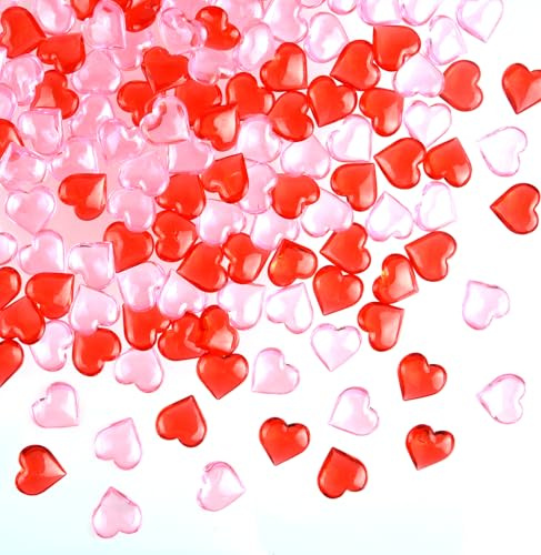 CHRORINE 70 Pcs Acrylic Heart Ornaments Translucent Hearts Shaped Gems Crystals for Table Scatter Decoration/Vase Fillers/Artwork in Valentine or Wedding Party- Red,Pink
