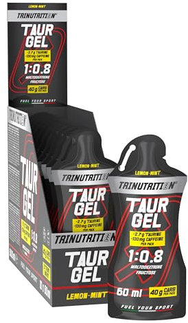 TRINUTRITION TAUR GEL, Gel Energetico con Taurina e Caffeina, 10 x 60ml, 40g di Carboidrati, Rapporto 1:0,8 Maltodestrine e Fruttosio, Gusto Limone e Menta, Gel per Ciclismo Corsa, Senza Glutine
