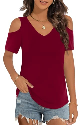 Elesomo Ladies Cold Shoulder Tops V Neck Summer Short Sleeve Casual T Shirts