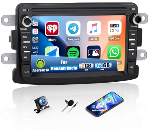 CAMECHO 2+64G Android 13 Autoradio 7 Pulgadas para Renault Dacia Duster Sandero Dokker Logan con Cámara Trasera, Inalámbrico Carplay Bluetooth Radio con Android Auto GPS FM/RDS WiFi Mirror Link