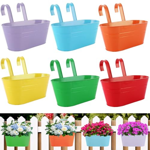 DAJAVE 6 vasi da fiori in metallo, da appendere, 27,5 cm, da appendere, colorati, per balconi, recinzioni da giardino