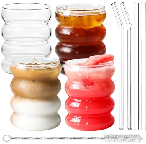 AXVRAV Räfflade dricksglas set med glassugrör, 4 x 350 ml iskaffeglas med pensel, vattenglas, cocktailglas, longdrinkglas, bubbelglas set för latte macchiato whiskycocktails soda