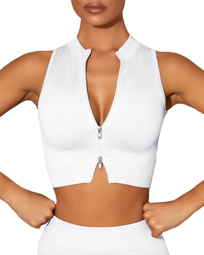 SEAUR Crop top sport dam fitness stängning linne tight kort sömlös ribbad sport topp för gym träning S-L, Vitt och blått, S