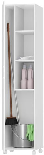 Vep Home - Armario Escobero Multiusos con Ruedas – 1 Puerta Reversible, Estantes y Espacio para Escoba y Fregona – Blanco, 183x42x41 cm – Mueble Auxiliar para Lavadero, Trastero o Cuarto de Limpieza