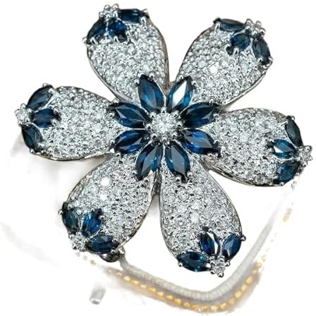 rkjewellry_store || 2.40Ct Marquise Cut Lab Created Blue Sapphire Diamond Flower Women's Engagement Brooch 14K White Gold Plated Silver