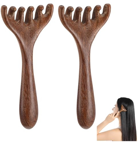 Pettine da Massaggio,2 PCS Massaggiatore in Legno per Cuoio Capelluto Testa e Collo Strumento Gua Sha Rilassante per Viso e Occhi Pettine Meridiano con Manico Lungo