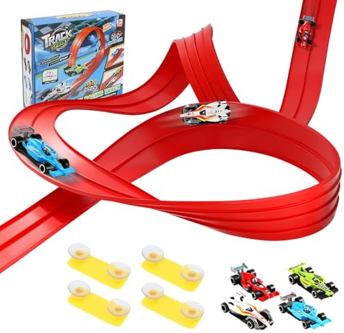 Hojalis Circuit Souple Enfant, 4 M Piste De Voiture avec 12 Ventouses, Circuit Voiture Souple Inclut 4 Voitures, Piste De Course Flexible pour Voiture, Jouet Circuit Voiture Complet pour Enfant