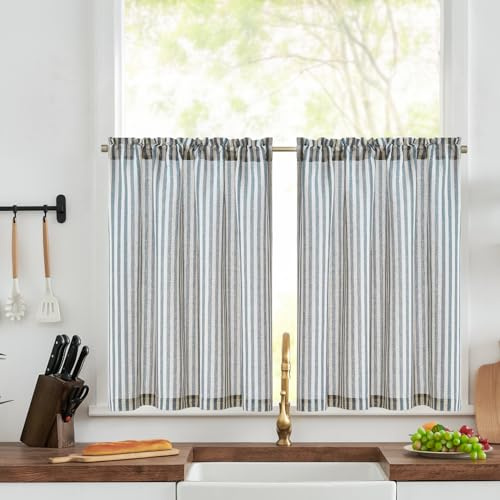 TOPICK Kitchen Curtains, Blue Striped Linen Look Cafe Curtains W36 xL24 | 2 Panels Rod Pocket Small Curtains, Light Filtering Privacy Curtains for Living Room, Bathroom, Bedroom, Cupboard Base, Sink
