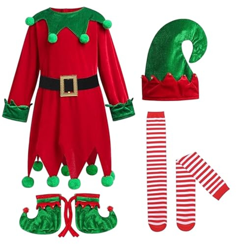 Peosaard Costume di Natale, Costume da Elfo per Bambini Simpatico Elfo di Natale con Cappello, Scarpe, Cintura, Calzini a Righe per Ragazze di 5-6 Anni, Costumi