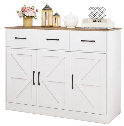 KOMFOTTEU Credenza da Cucina con Ripiano Regolabile, Mobiletto Multiuso con Ante e 3 Cassetti, Mobile Buffet con Kit Antiribaltamento, per Soggiorno, Sala da Pranzo, 108x38x81cm(In 2 Pacchi) (Bianco)