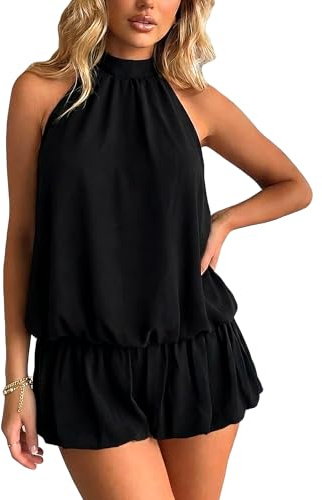 Coloquin Women Sexy Halter Backless Bubble Mini Dress Tie Open Back Y2k Club Party Beach Going Out Dresses