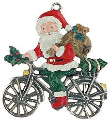 Zinnfigur Weihnachtsmann auf Fahrrad, H: 5 cm, handgegossen aus Zinn 93% (ohne Bleizusatz!), beidseitig handbemalt