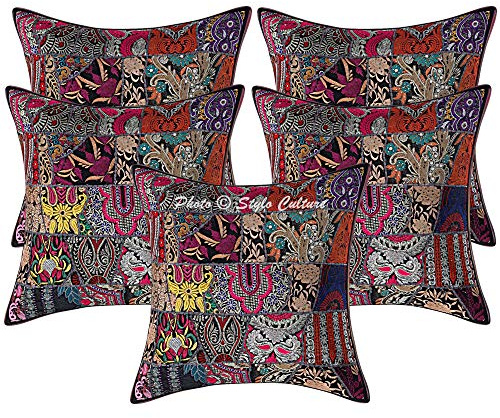 Stylo Culture Bohemio Fundas Almohadones Decorativa 60x60 cm Algodón Abstracto Fundas para Cojines Sofa Negro 24x24 Inch Patchwork Vintage Cuadrado sobre Fundas Cojines Dormitorio - 5 Pcs
