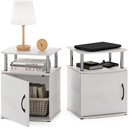 Furinno JAYA Side Table Set of 2, 2-Tier Open Shelf End Table with Door Cabinet, Soft-edges Night Stand, Bedside Table, for Living Room, Bedroom, White Oak/Stainless Steel