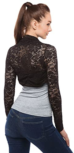 AmélieBoutik Women Full Lace Long Sleeve Cropped Cardigan Bolero Shrug(Black Large)