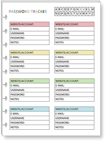 Insert for 9-Disc Classic, Color Password Tracke，Pre-punched Inserts, Refill Calendar